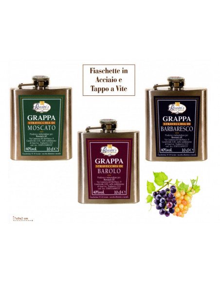 grappa barrique, fiaschettina acciaio, grappa regalo, barolo grappa, barbaresco grappa, moscato grappa