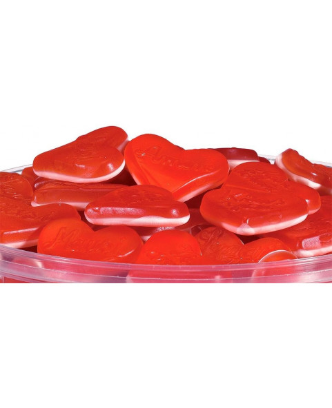 1 kg of Haribo Hearts, soft gummy candies with a delicious strawberry and cream flavour.