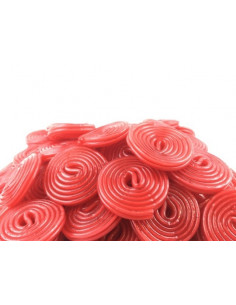 Haribo Red Wheels with strawberry flavour – classic rolled gummy sweets supplied in a 2 kg bulk pack.