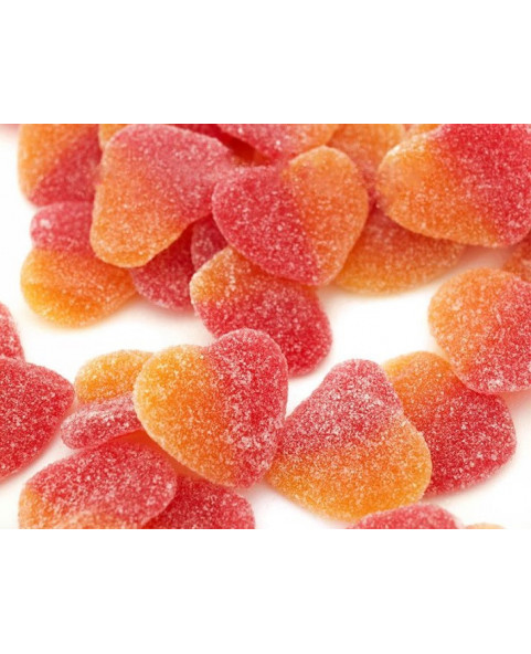 Haribo Peach Hearts with delicious peach flavour – soft heart-shaped gummy candies in a convenient 1 kg bulk pack.