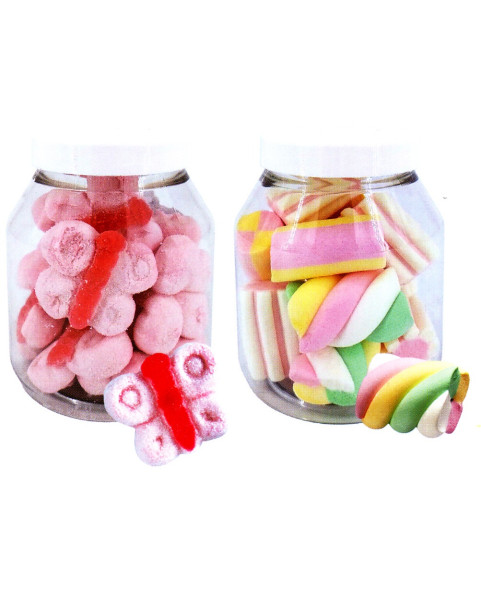 PEZZI 12 BARATTOLO MALLOW ASSORTITI . Mini mallow 85g, mallow mix 60g, farfalle azzurre 115g, farfalle Rosa 115g