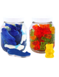 12 PIECES JAR OF GUMMIES. shiny bears 285g, two-tone strawberry 270g, shiny cola 285g, two-tone whales 235g
