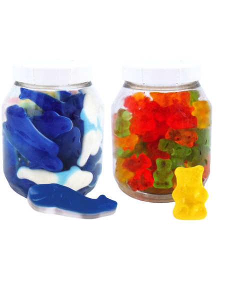 12 PIECES JAR OF GUMMIES. shiny bears 285g, two-tone strawberry 270g, shiny cola 285g, two-tone whales 235g
