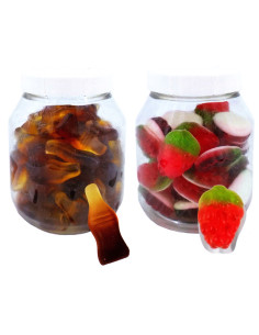 12 PIECES JAR OF GUMMIES. shiny bears 285g, two-tone strawberry 270g, shiny cola 285g, two-tone whales 235g 2