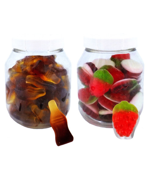 12 PIECES JAR OF GUMMIES. shiny bears 285g, two-tone strawberry 270g, shiny cola 285g, two-tone whales 235g