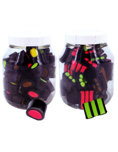 12 PIECES "LIQUORICE" JAR. bricks 230g, rolls 255g, maxi stuffed 255g, mini stuffed 255g