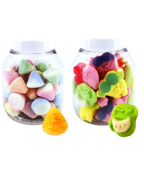 PZ 12 BARATTOLO "LE PRELIBATEZZE"  bottiglie panna e fragola 245g, coni arcobaleno 185g, mostri frutta 185g, fiori frutta 185g
