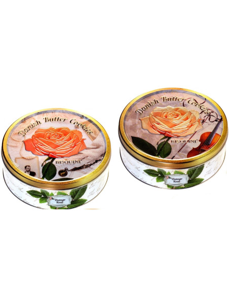 VINTAGE ROSE TIN 400 g 12 PCS, 12 PIECES, 6 colors - Assortment of Danish pastry biscuits (9% butter) - BISQUINI