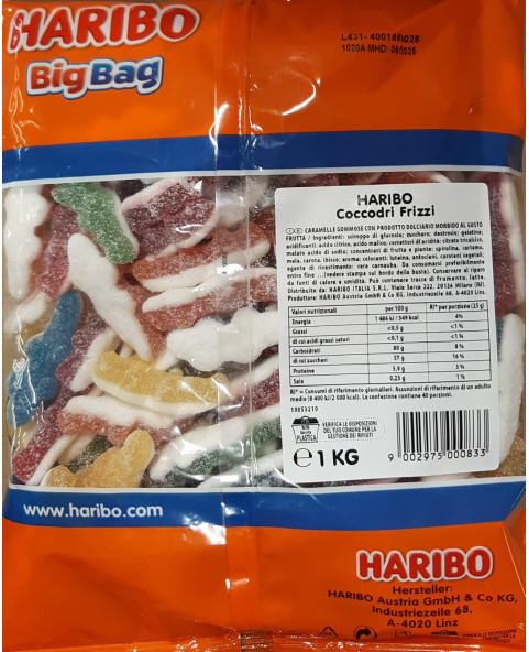 Haribo Fizzy Crocodiles with sparkling sugar coating – colourful gummy sweets in a practical 1 kg bulk pack.