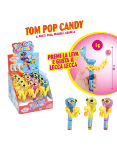 Tom pop candy Gm.8  Pz.12, Gusti : cola , fragola e arancia. Ingrosso caramelle dolciumi www.ilcaramellaio2.com 2