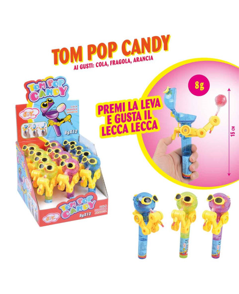 Tom pop candy Gm.8 Pcs.12, Flavors: cola, strawberry and orange. Wholesale candy sweets www.ilcaramellaio2.com