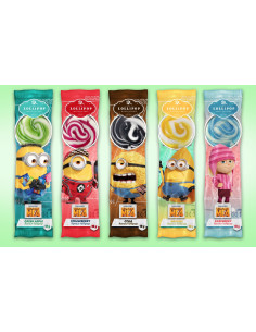 lecca minions, zucchero duro frutta, lecca lecca sagomato, candy film kids, lollipop tematico, dolciumi colorati