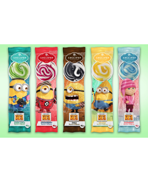 lecca minions, zucchero duro frutta, lecca lecca sagomato, candy film kids, lollipop tematico, dolciumi colorati