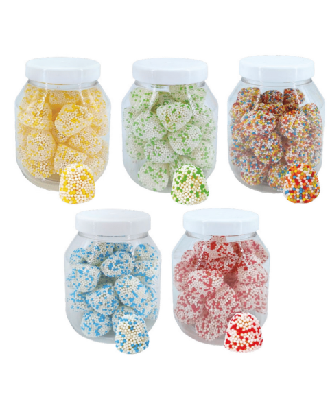 more-monpariglia, gelatine-frutta, caramelle-ricoperte, barattolo-rossinis, dolciumi-sfusi