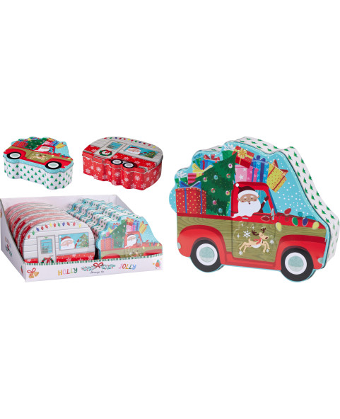 christmas-car-tin,holiday-caravan-box,vintage-christmas-tins,cookie-gift-packaging,assorted-festive-canisters