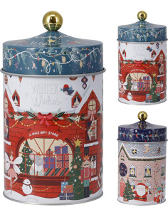 christmas-cylinder-tin,round-holiday-canisters,cookie-gift-tins,vertical-metal-packaging,assorted-festive-jars,wholesale