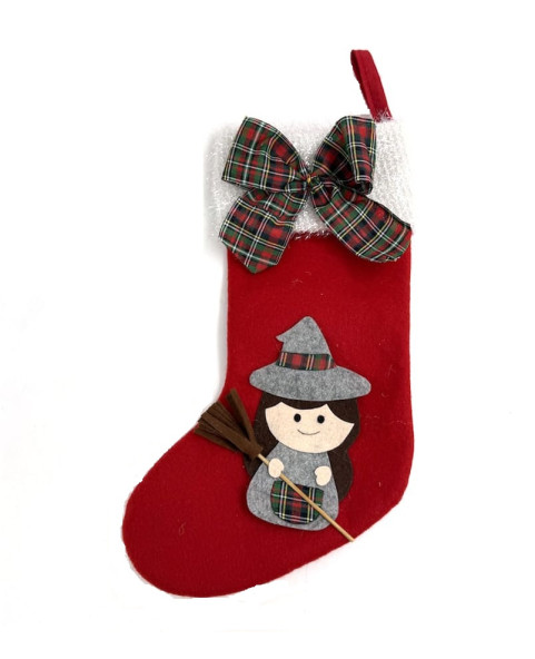 🎀 35 cm tartan fabric stocking with decorative bow and Befana.