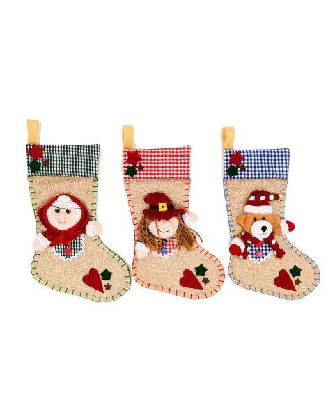 🧸 Calze in juta da 35 cm con pupazzi applicati, 3 modelli assortiti.