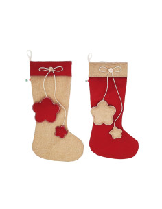 🌸 Fiori jute stocking with floral appliqués – 6 assorted pieces, 2 designs, 47 cm high, Made in Italy.