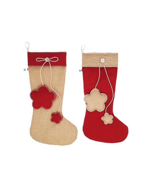 🌸 Fiori jute stocking with floral appliqués – 6 assorted pieces, 2 designs, 47 cm high, Made in Italy.
