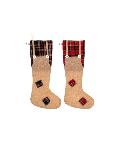 🎄 Bib Overalls Christmas Stocking in jute and fabric – 2 assorted designs, 12 pieces, 40 cm.