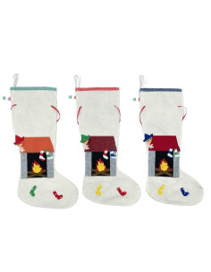 🔥 Fireplace Christmas Stocking in felt fabric – fireplace and fire design, 3 colors, 12 pieces, 40 cm, Made in Italy.