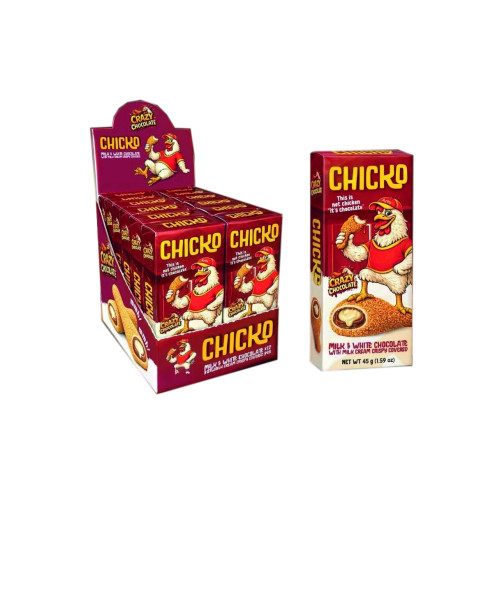 🍗 MR CHICKO 50 g – Snack a forma di coscetta di pollo al cioccolato con ripieno cremoso.