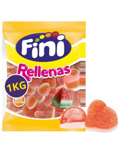 🍑 Red and white gummy hearts filled with soft peach-flavoured jelly.