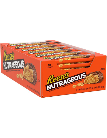 REESE'S NUTRAGEOUS 47 g – Barretta al cioccolato con arachidi e caramello, 13,5 × 4,5 × 2 cm.