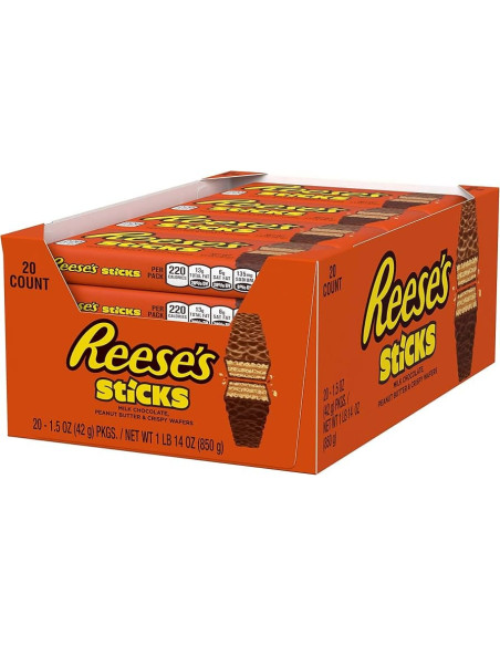 REESE'S STICKS 20 x 42 g – Wafer croccanti al burro d’arachidi ricoperti di cioccolato al latte.