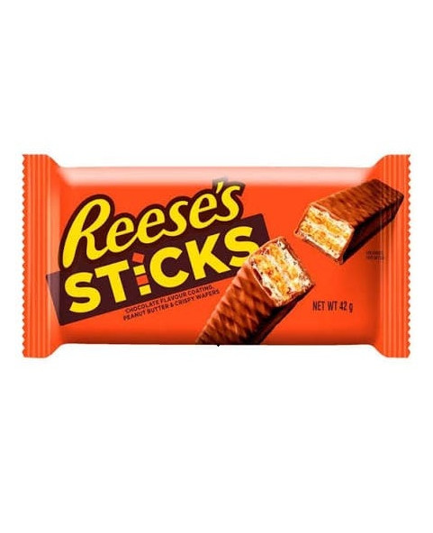 REESE'S STICKS 20 x 42 g – Crispy peanut butter wafers covered with milk chocolate.