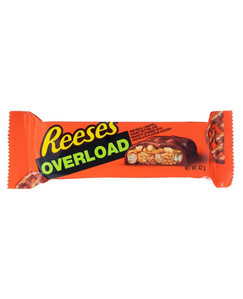 🥜 Reese's Overload 42 g – Chocolate snack with creamy peanut butter filling.