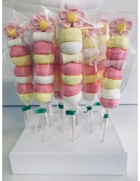 TREZZA-ingrosso-Linea Banco Lecca e Gadget,spiedino-marshmallow,margherite-vaniglia,marshmallow-su-stecco,dolciumi-decorativi