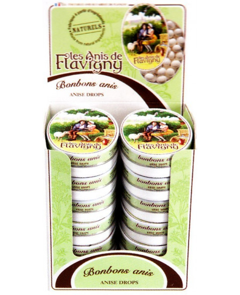 ROSSINI S-lattine-anis-de-flavigny-anice, grani-anice-confettati-tradizionali, caramelle-anice-francesi, espositore-anice