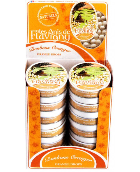 ROSSINI S-lattine-anis-de-flavigny-arancia, grani-anice-arancia, caramelle-fruttate-anice, espositore-flavigny-arancia