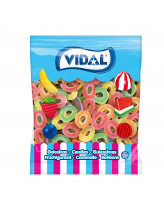 Vidal assorted fruit-flavoured gummy rings in a colourful 1 kg bulk pack, ideal for pick & mix displays. 2