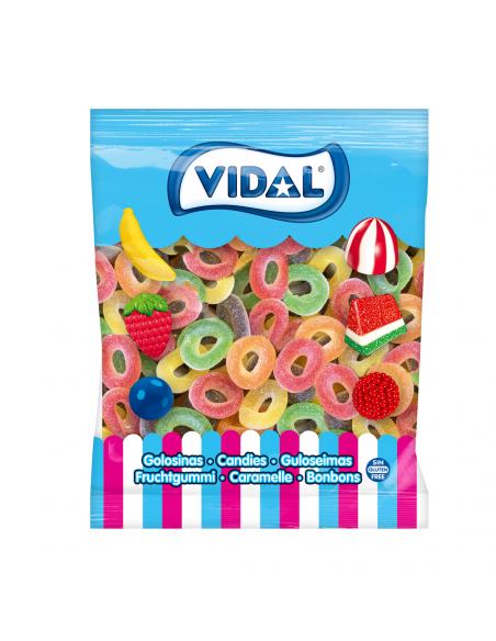 Vidal assorted fruit-flavoured gummy rings in a colourful 1 kg bulk pack, ideal for pick & mix displays.