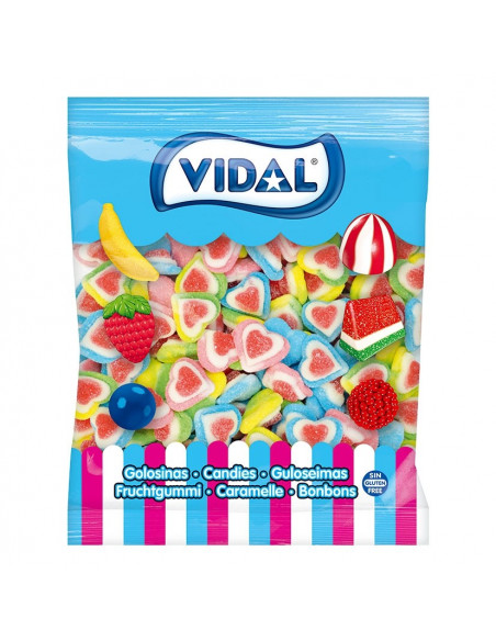 Colourful Vidal heart-shaped gummies with mixed fruit flavours and a delicate fizzy finish.