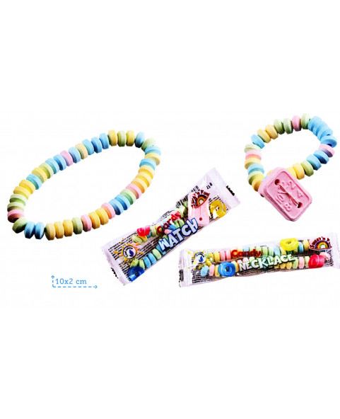 ESP. N° 100 OROLOGI E COLLANINE 17 g,orologi-collanine, caramelle-frutta, incartate, espositore, ingrosso, privati